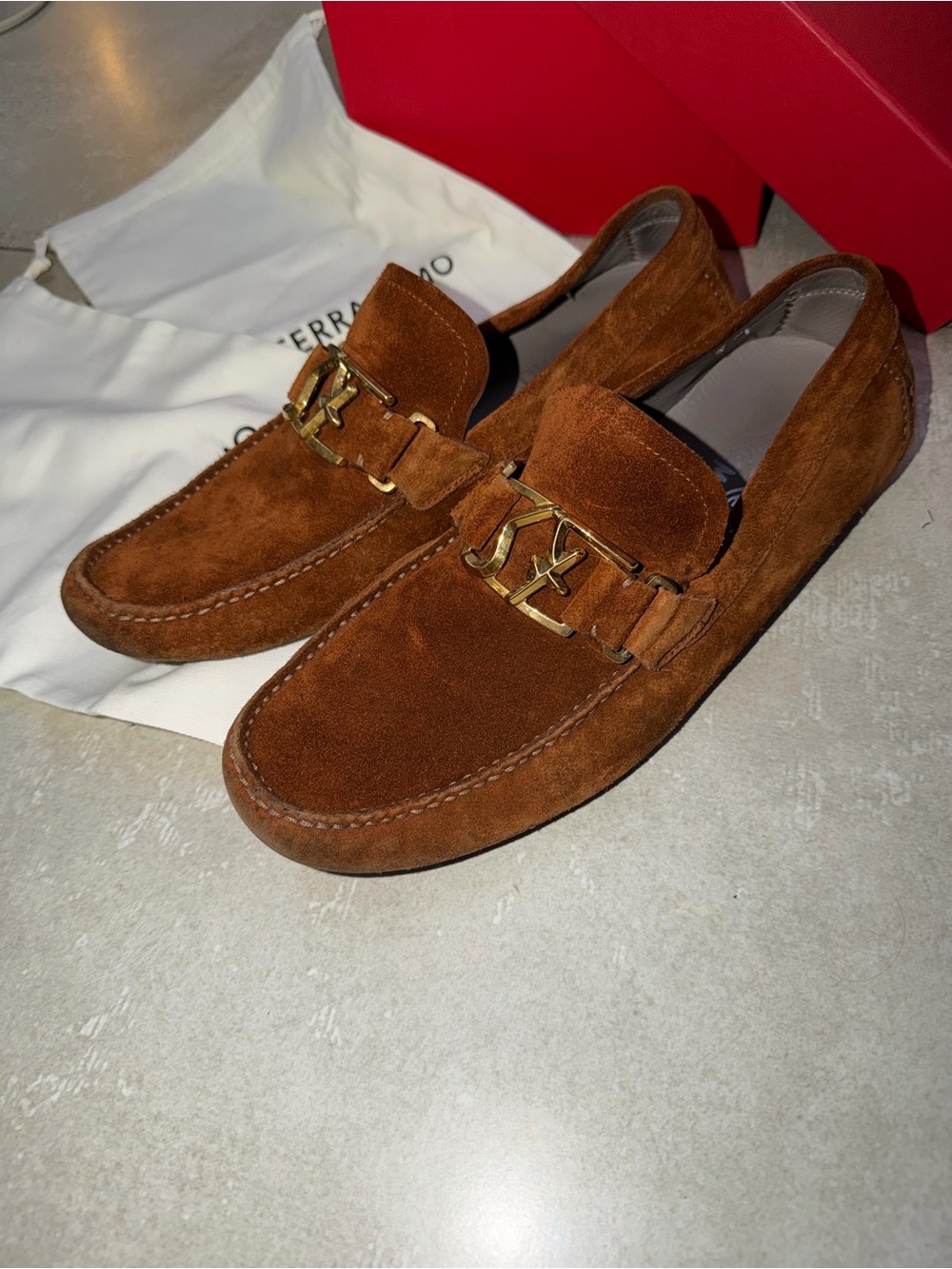 Salvatore Ferragamo Havana Buc Suede Calf Parigi Driving Shoes 10- New with box.